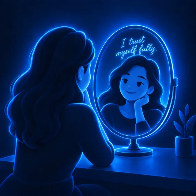 Woman at a mirror: I trust myself fully.