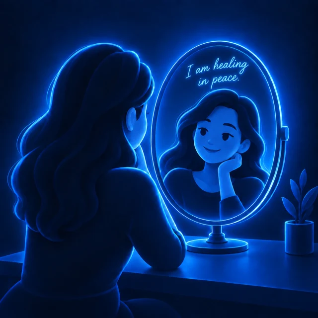 Woman at a mirror: I am healing in peace.